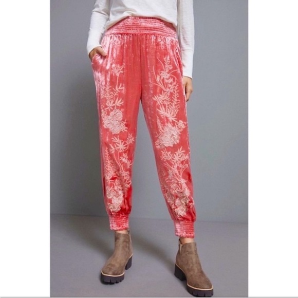 ANTHROPOLOGIE Rosie Bohemian Velvet Floral Embroidered Jogger in Pink - Picture 2 of 14